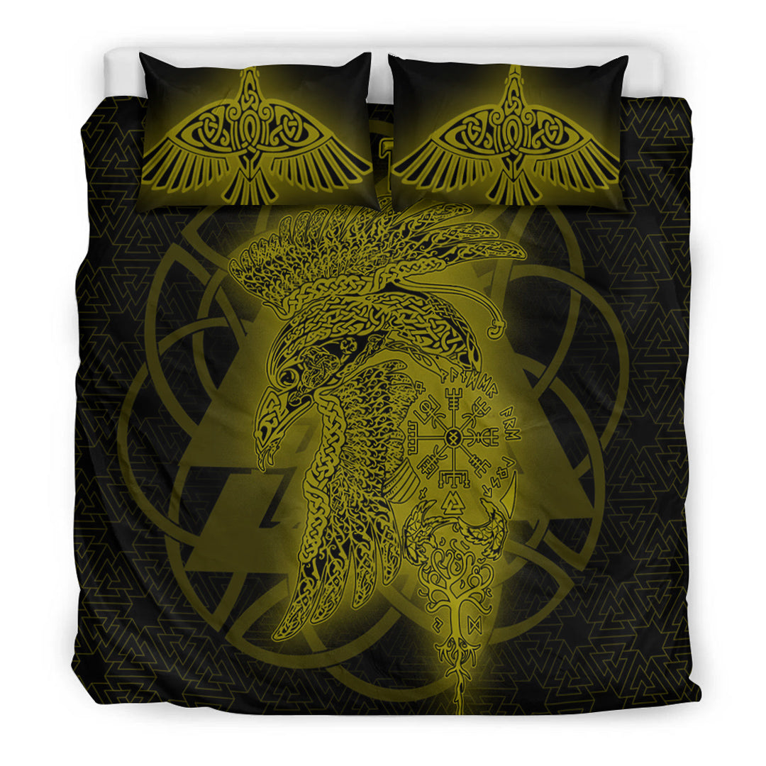 Viking Bedding Set Valknut Raven Gold