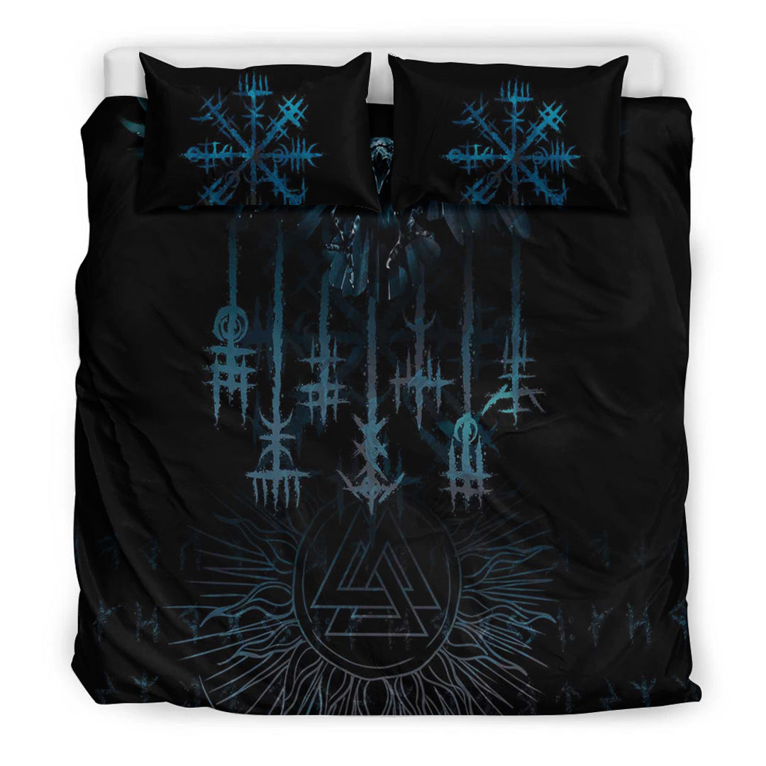 Viking Bedding Set Raven and Valknut Cyan Style