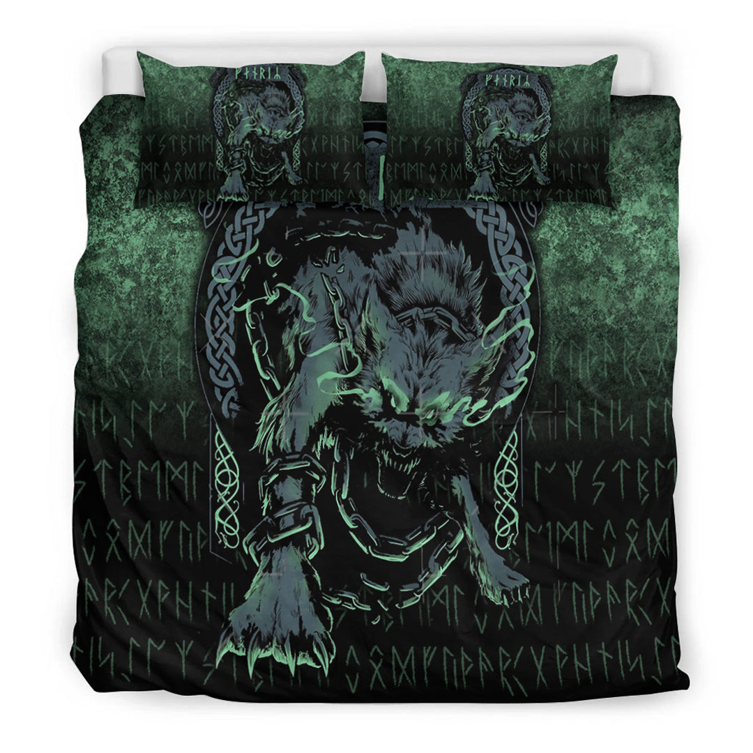 Viking Bedding Set Fenrir Wolf Norse Futhark Runes Viking Mythology Ragnarok Green