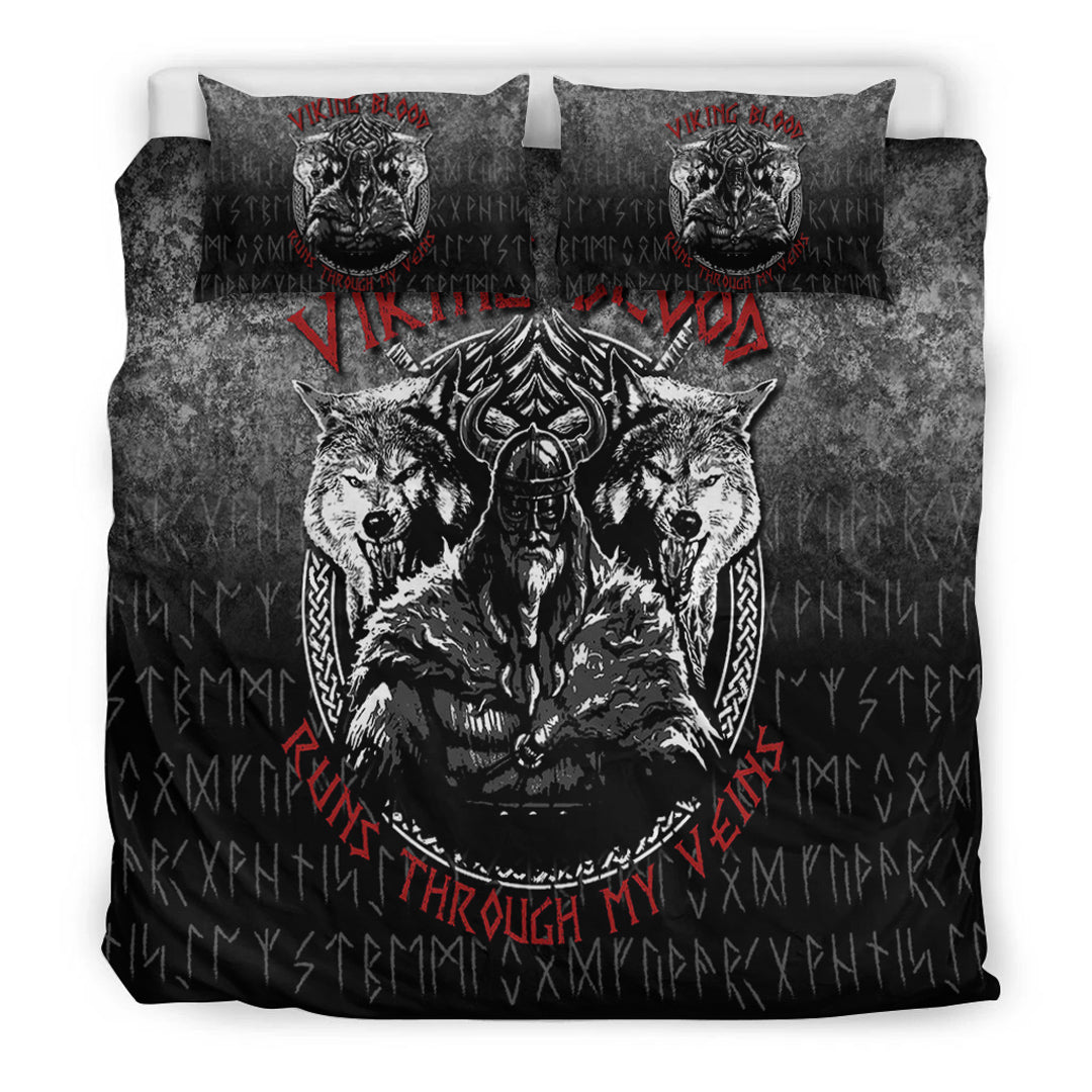 Viking Bedding Set Odin Geri And Freki Wolfs Viking Blood Runs Through My VeinsBedding Set