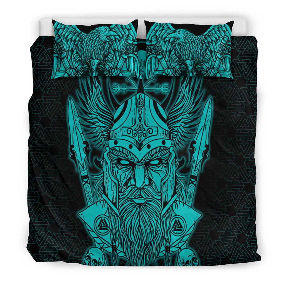 Viking Bedding Set Odin And Raven Turquoise Text Ver01