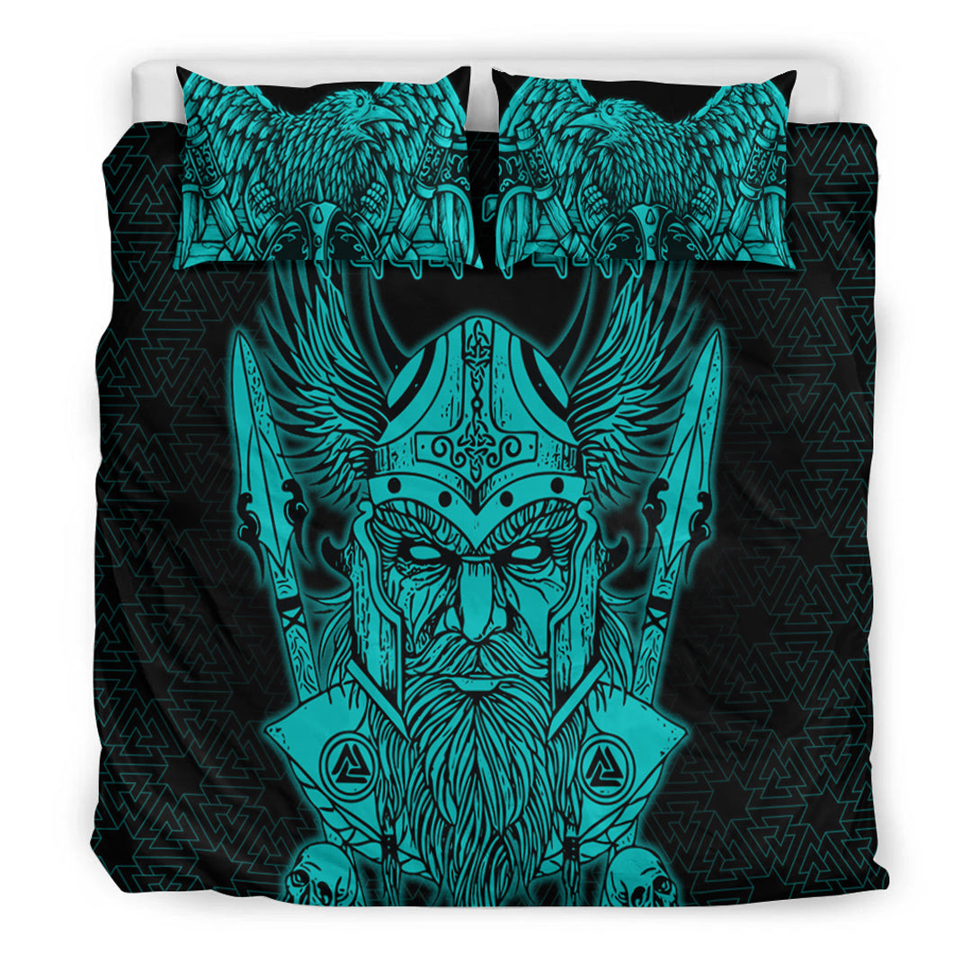 Viking Bedding Set Odin And Raven Turquoise Text Ver02