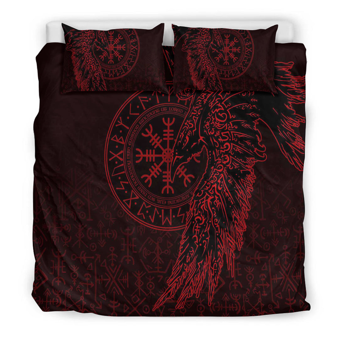 Viking Bedding Set Raven and Helm of Awe Red