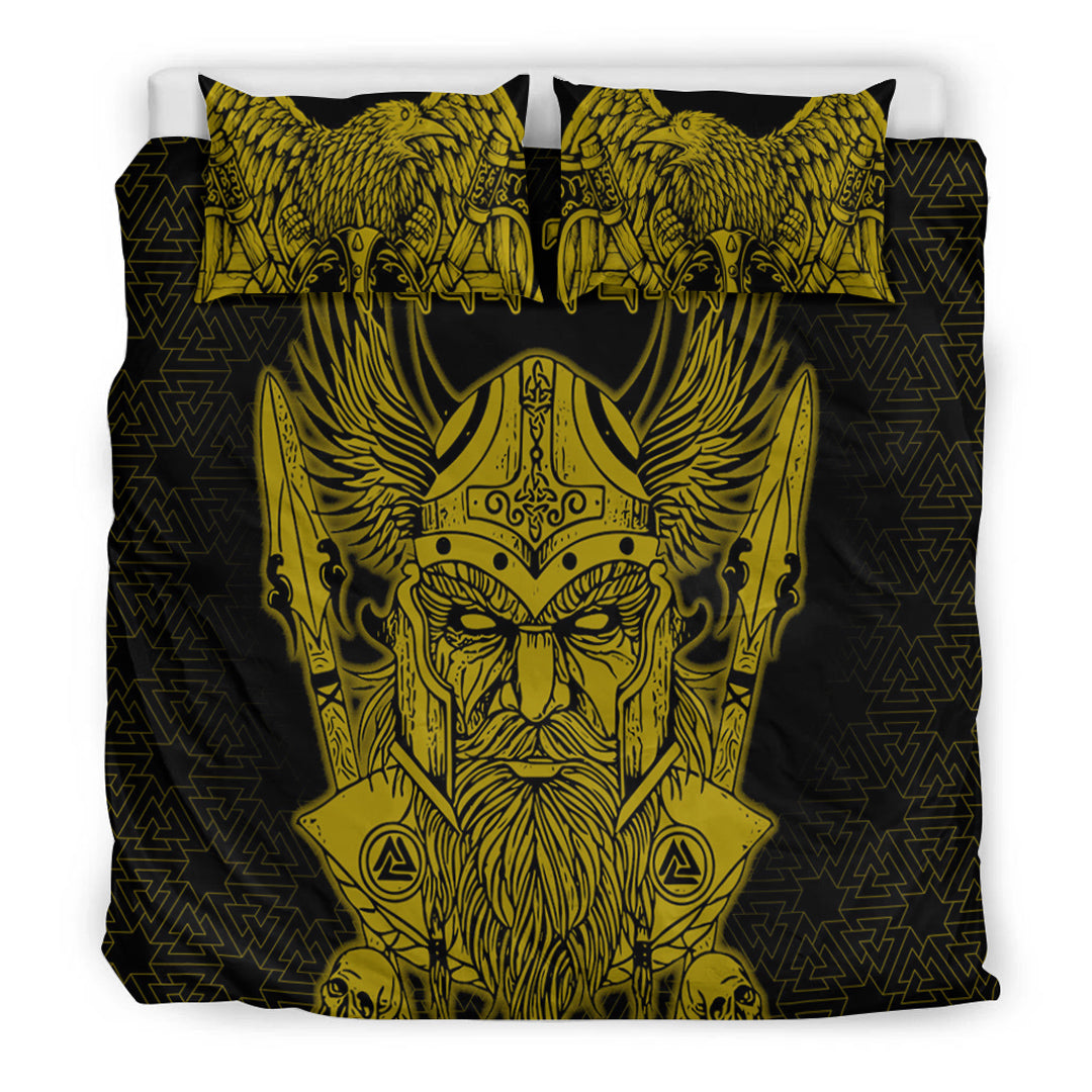 Viking Bedding Set Odin And Raven Gold Text