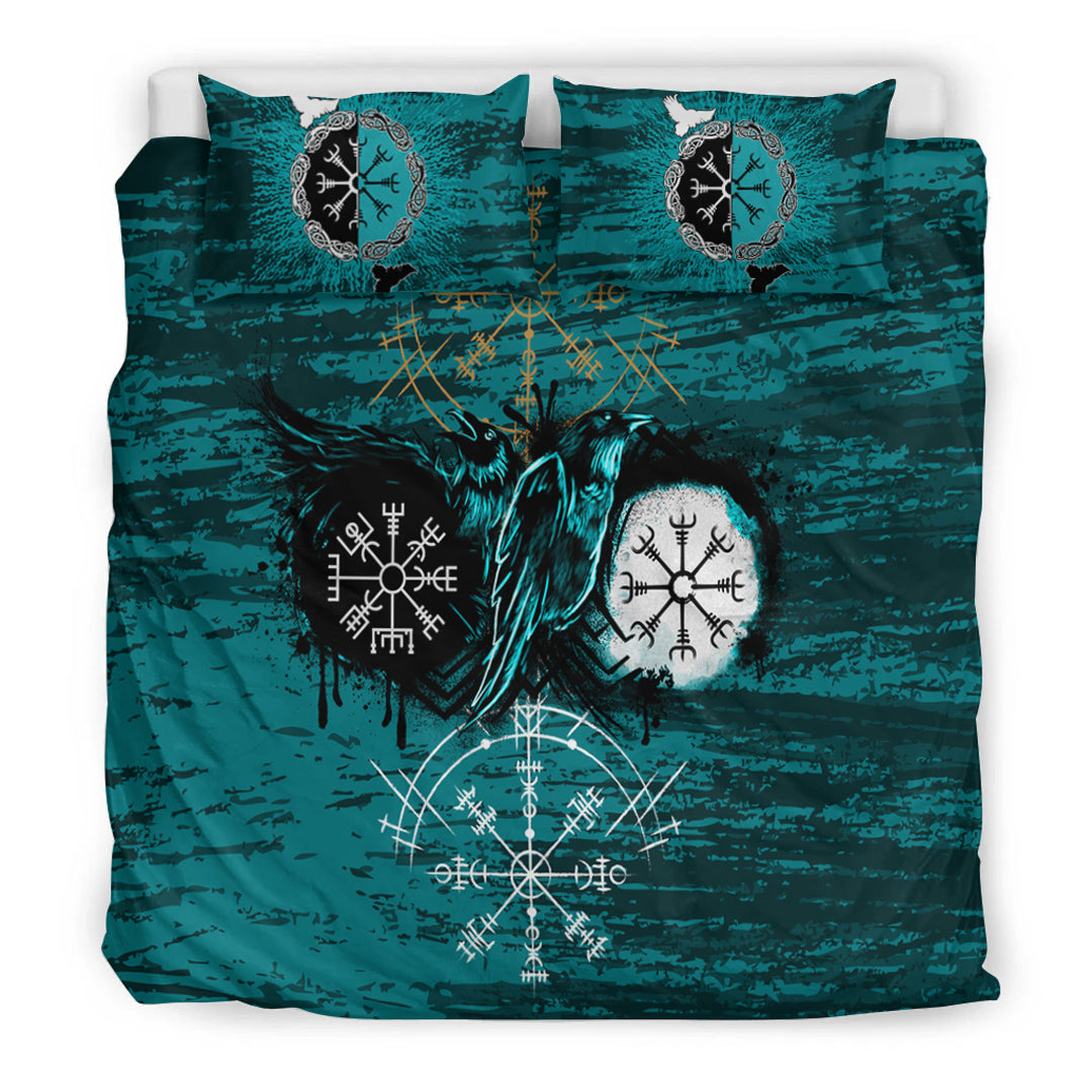 Viking Bedding Set Raven of Odin and Symbol Viking Style Cyan