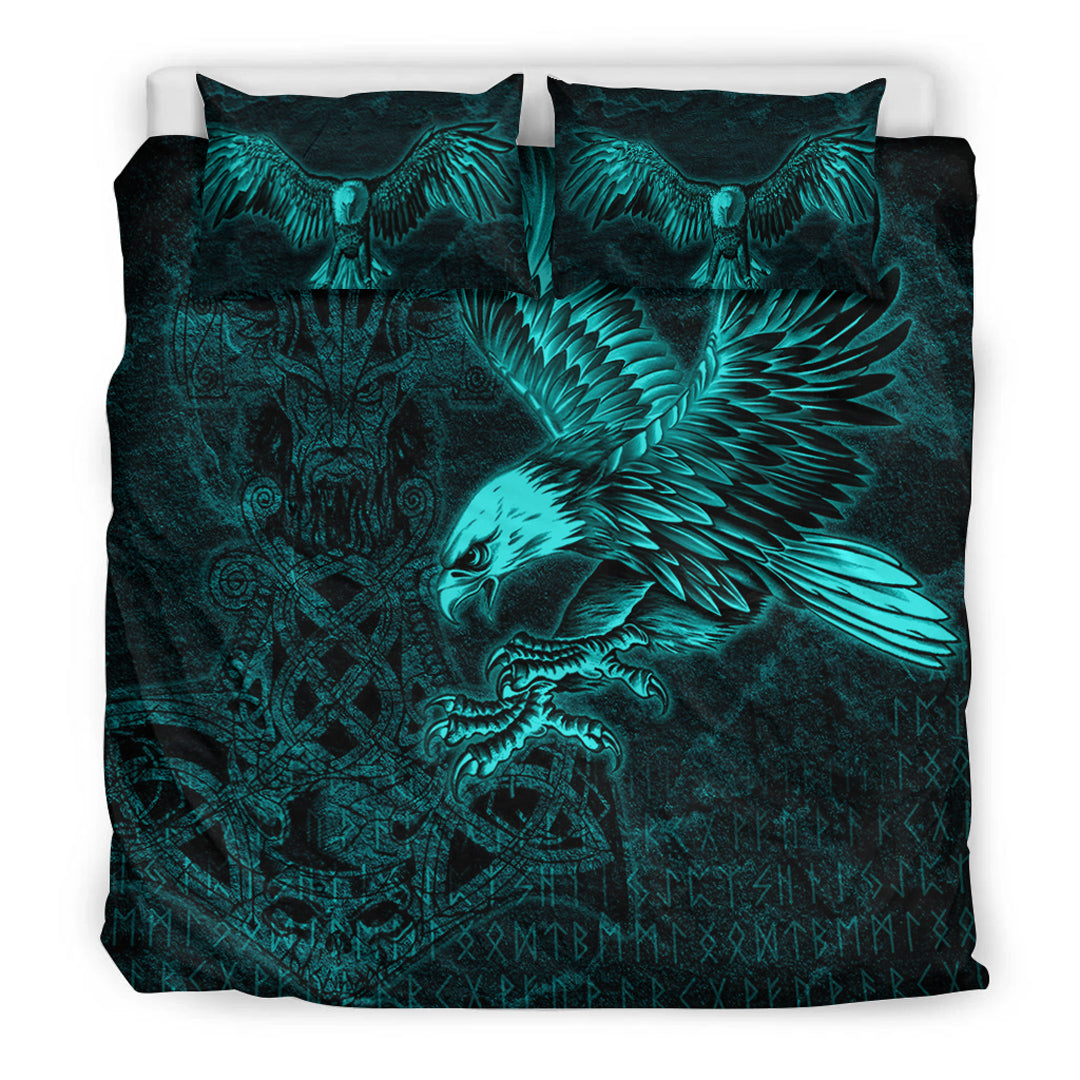 Viking Bedding Set Raven Mjolnir Turquoise