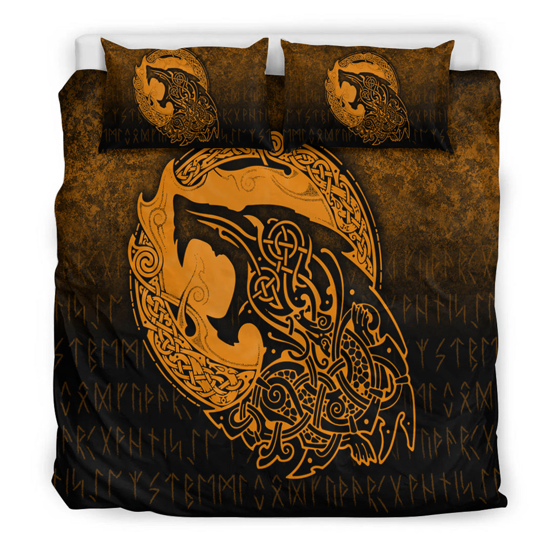 Viking Bedding Set Fenrir Viking 3D Tattoo Gold Version