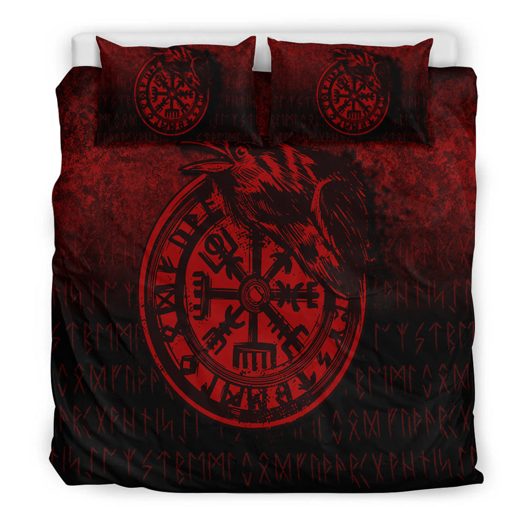 Viking Bedding Set Viking Vegvisir Rune with Crow Red Version