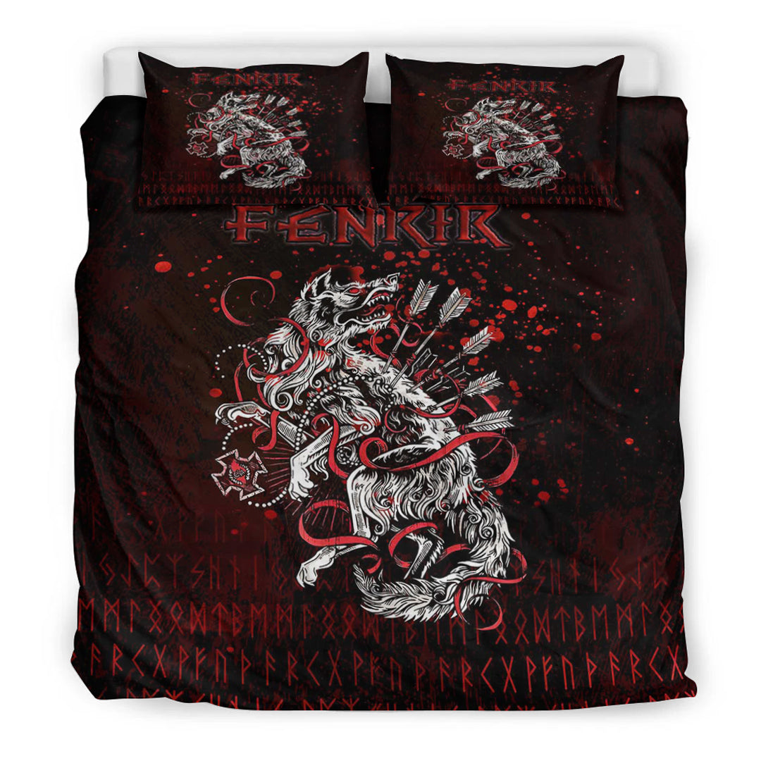 Viking Bedding Set Fenrir and Arrow on Blood Background