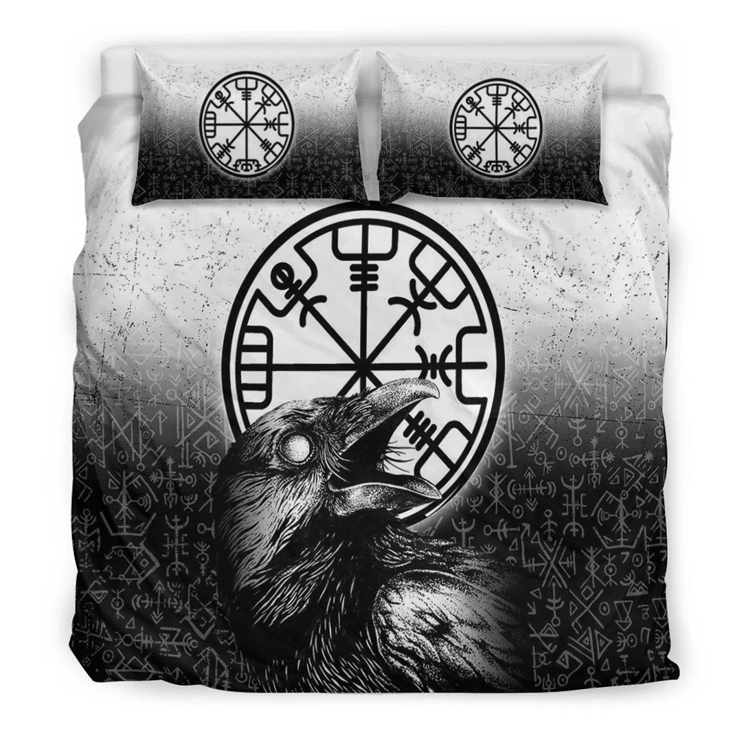 Viking Bedding Set Viking Raven Black and White Vegvisir