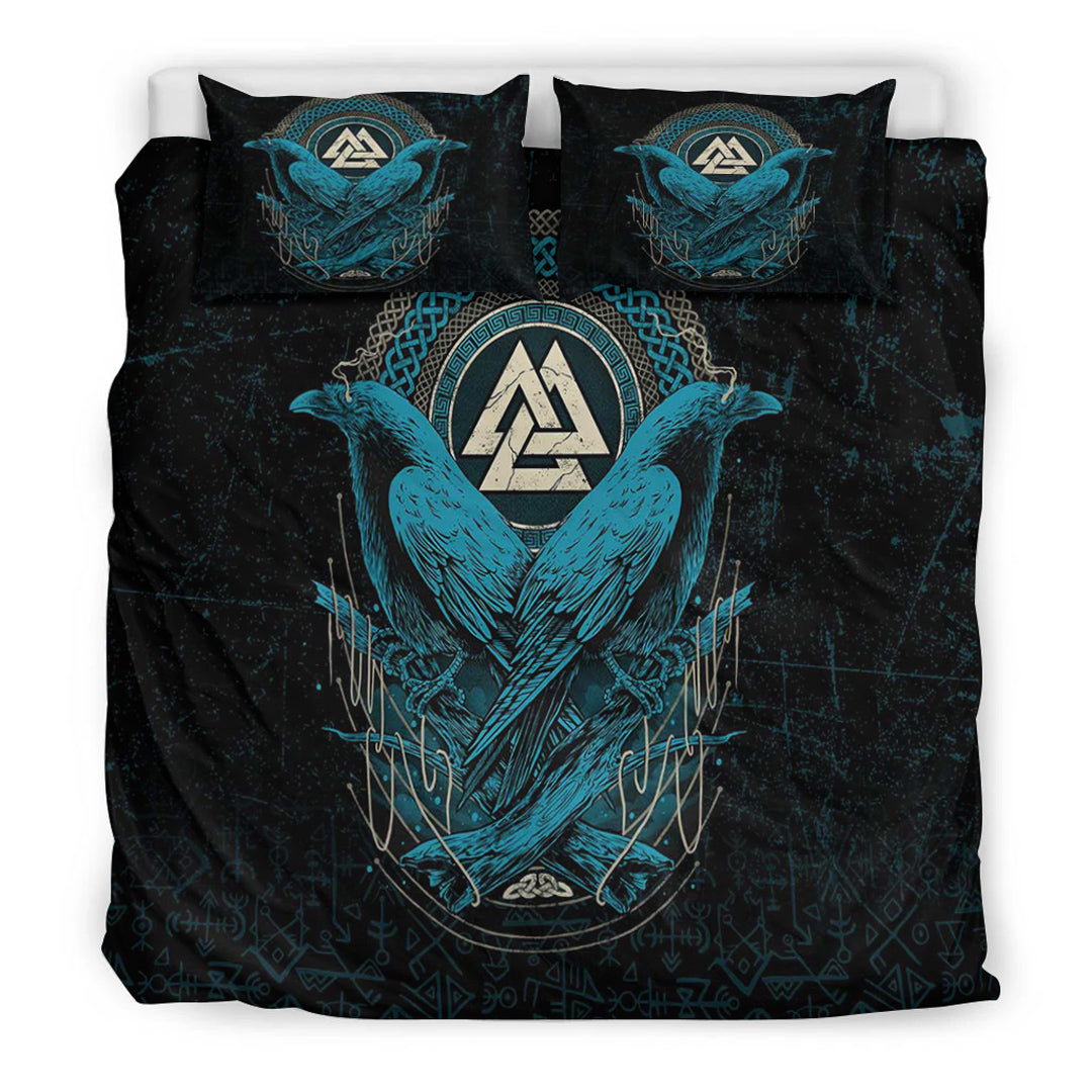 Viking Bedding Set Huginn and Muninn Valknut Cyan Style