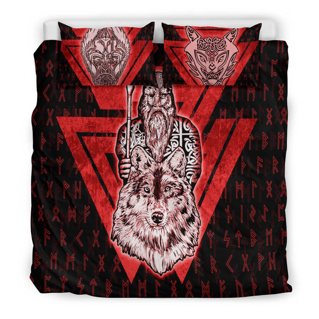 Viking Bedding Set Viking Odin Wolf Red