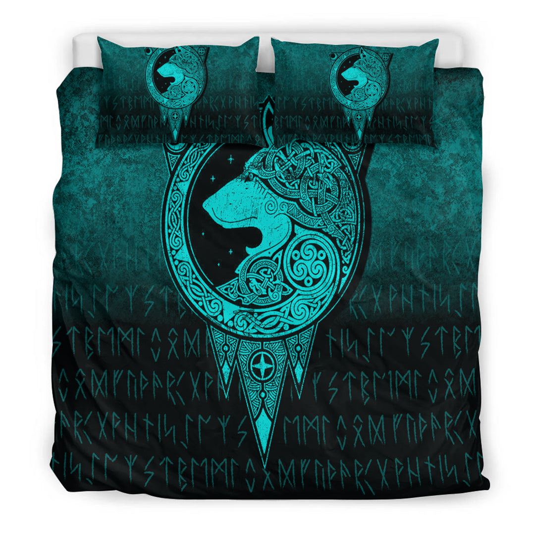 Viking Bedding Set Viking Norse Wolf Cyan Version