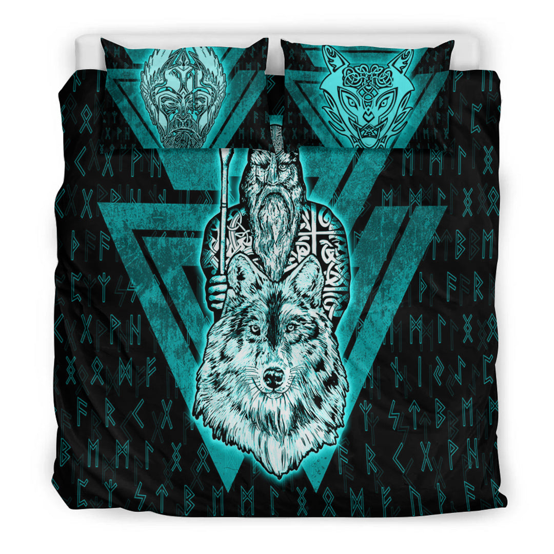 Viking Bedding Set Viking Odin Wolf Turquoise