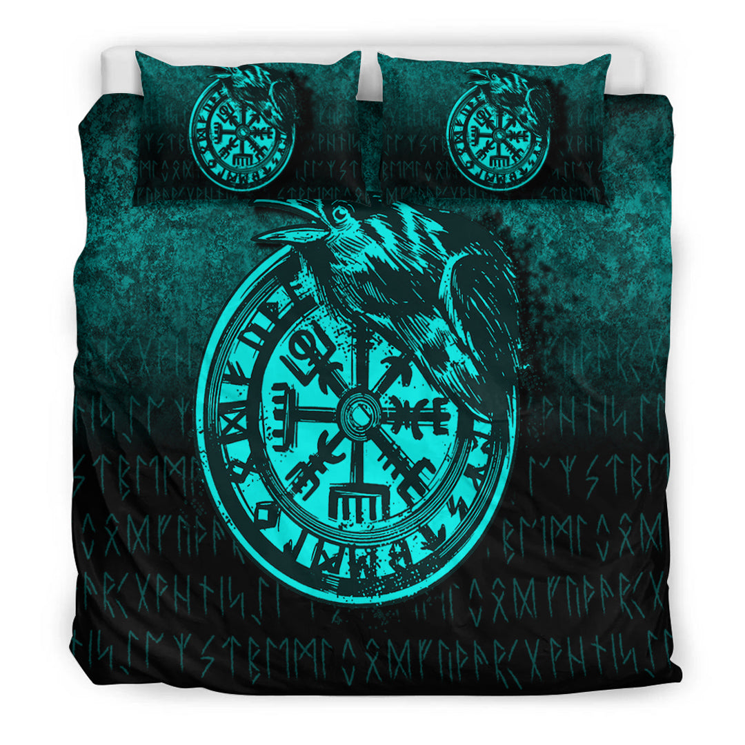 Viking Bedding Set Viking Vegvisir Rune with Crow Cyan Version