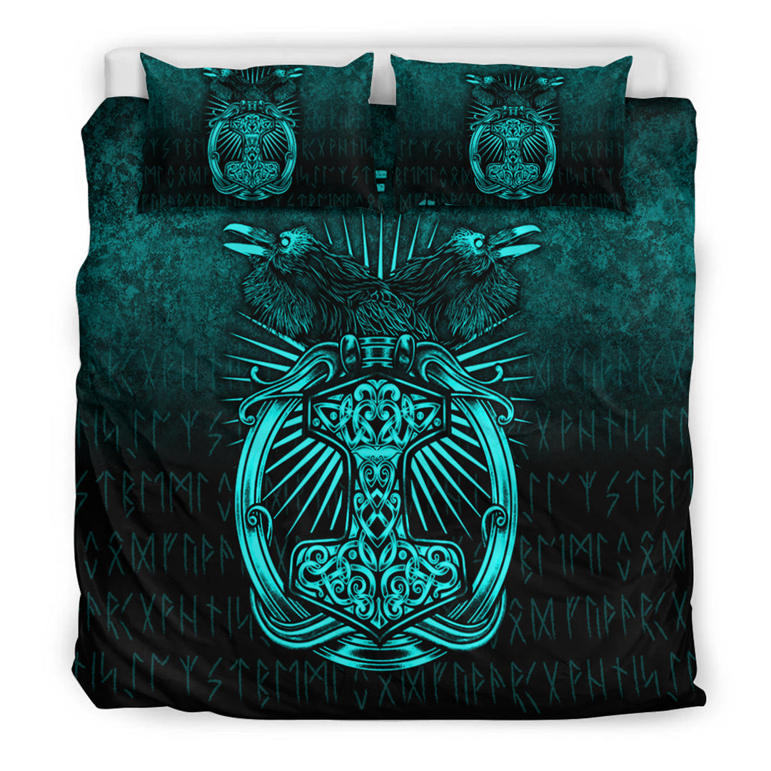 Viking Bedding Set Vikings Ravens Mjolnir Cyan Version