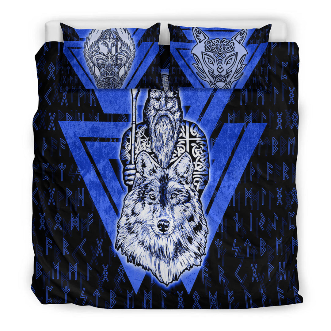 Viking Bedding Set Viking Odin Wolf Blue