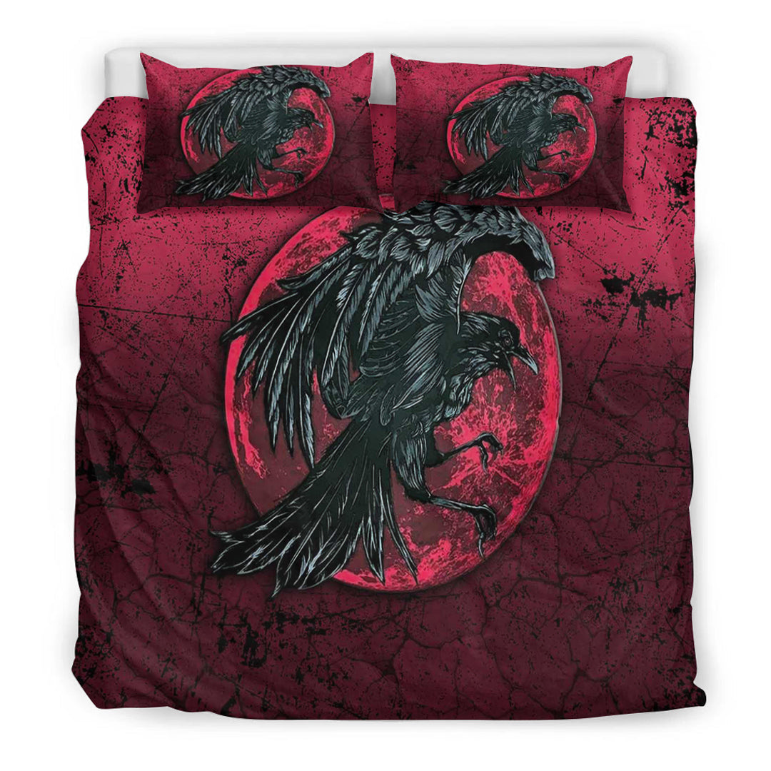 Viking Bedding Set Raven and Blood Moon Brush Style