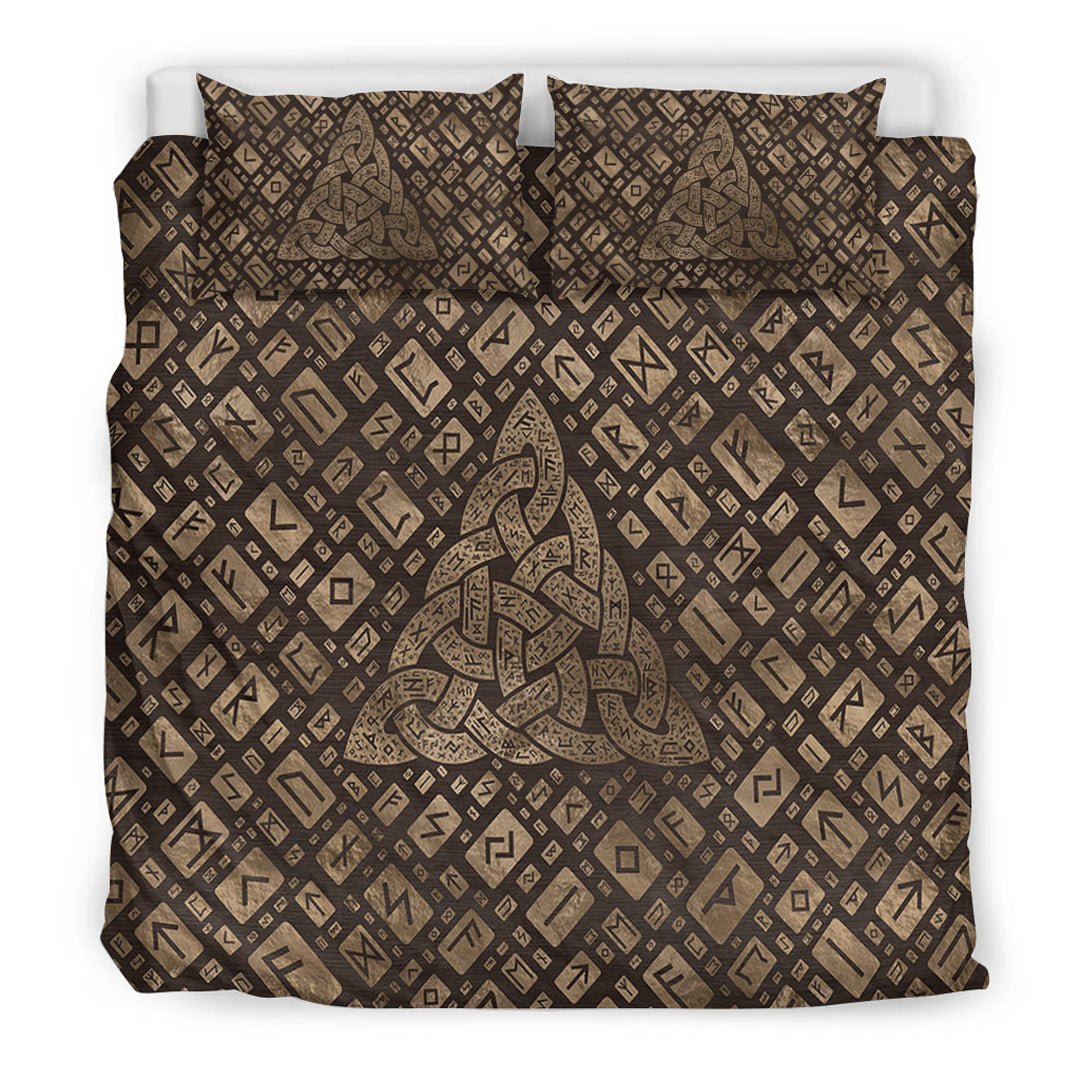 Viking Bedding Set Triquetra & Runic Alphabet Wood and Gold