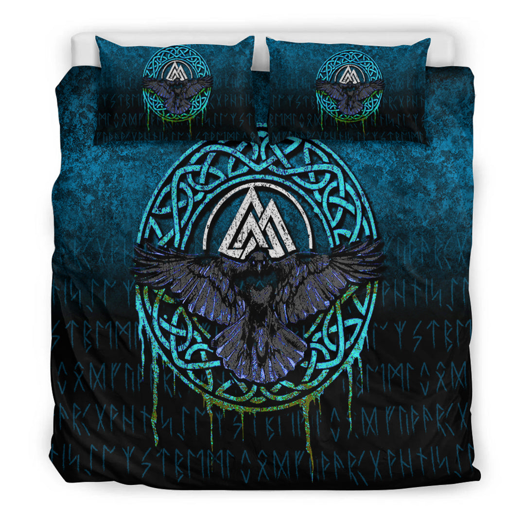 Viking Bedding Set Valhalla Norse Mythology Raven Black Crow Viking Cyan Version