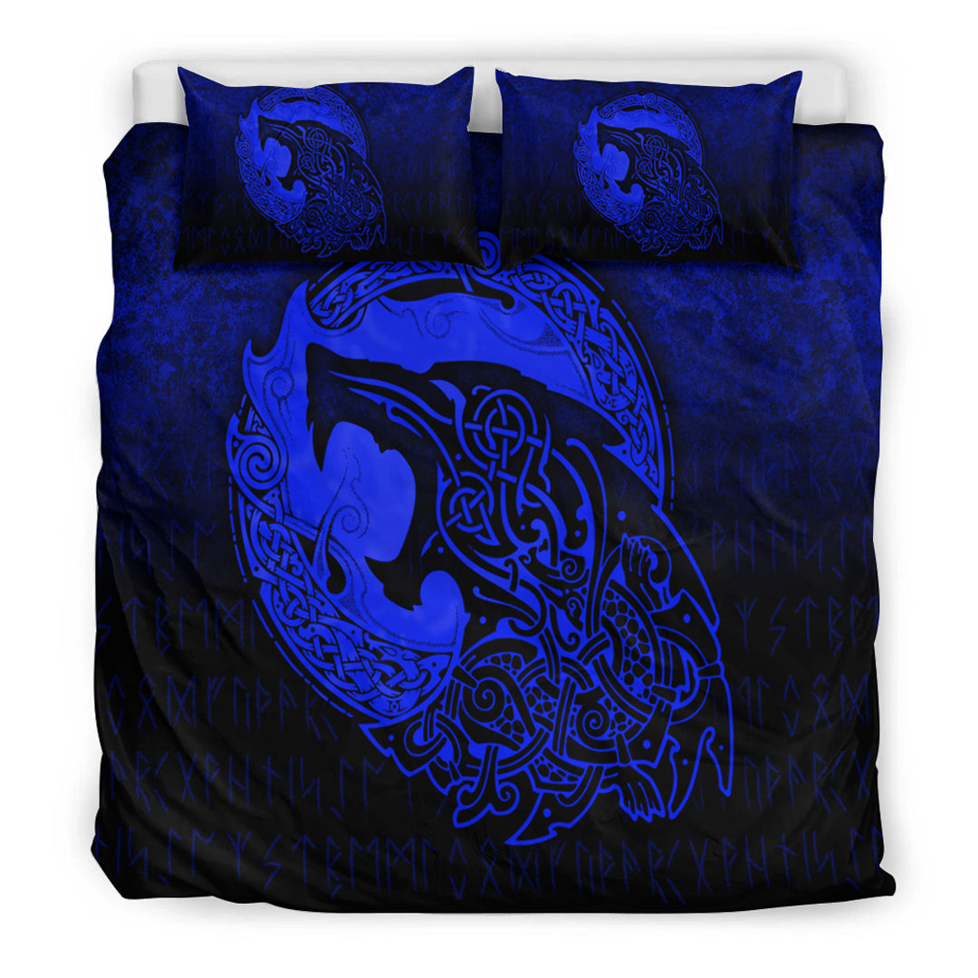 Viking Bedding Set Fenrir Viking 3D Tattoo Blue Version