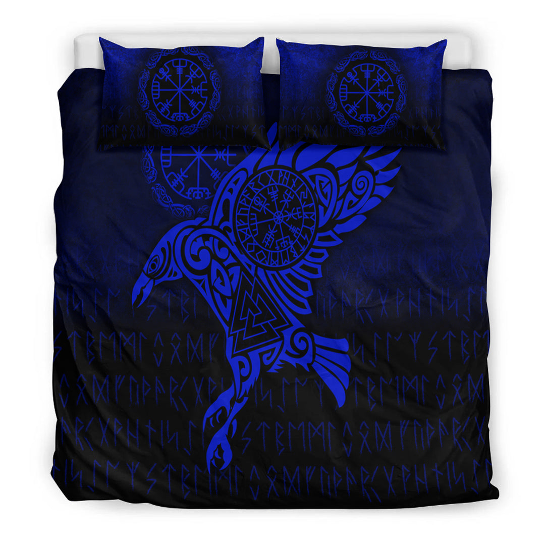 Viking Bedding Set Raven Vegvisir Tattoo Blue Version