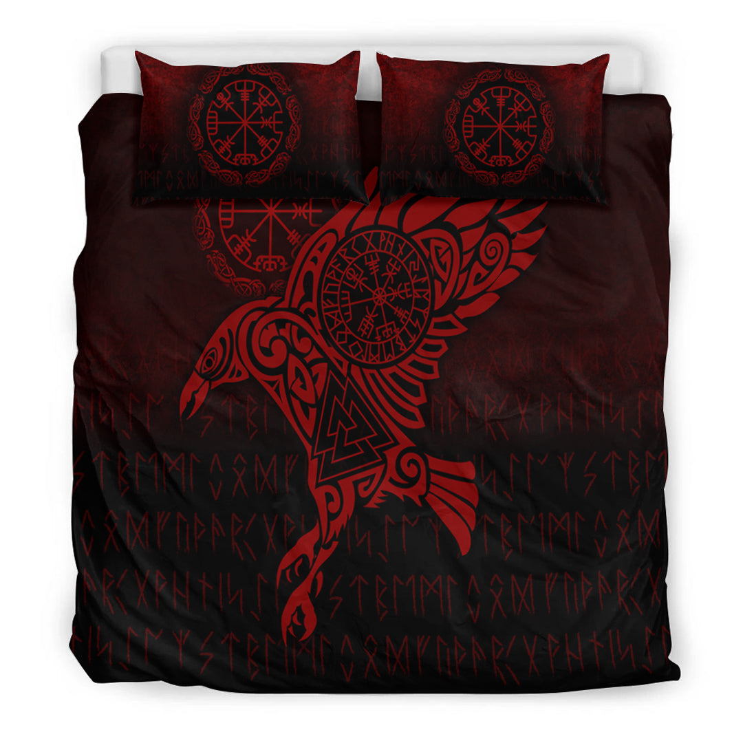 Viking Bedding Set Raven Vegvisir Tattoo Red Version