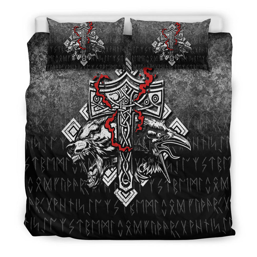 Viking Bedding Set Thor Hammer Mjolnir Rune Protection Odin Raven Style