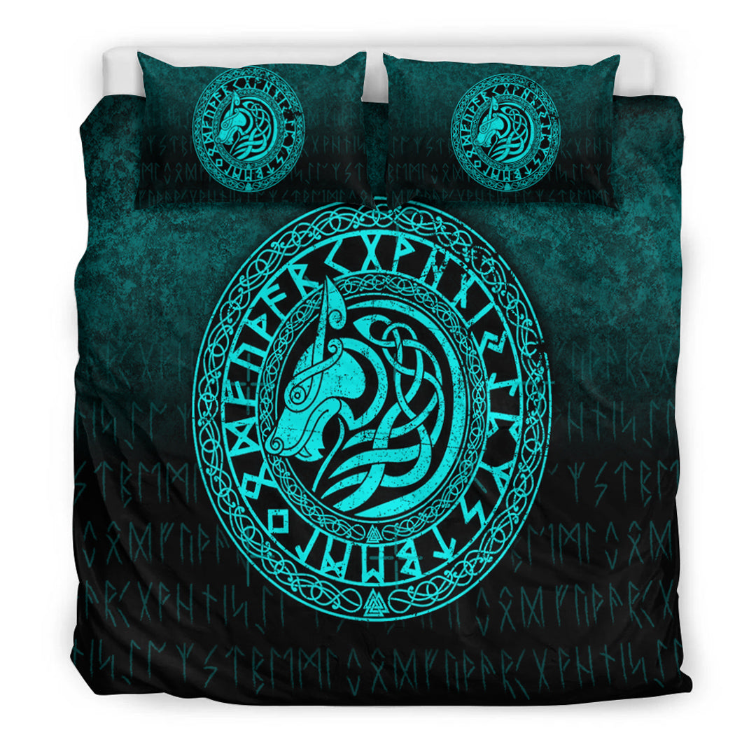 Viking Bedding Set Viking Wolf Cyan Version