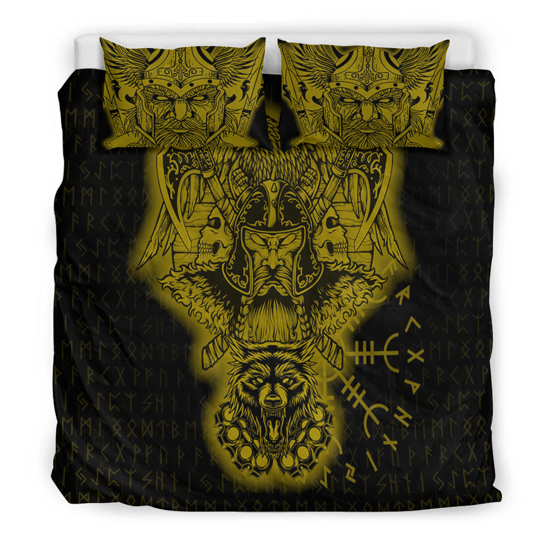 Viking Bedding Set Odin And Raven Wolf Gold