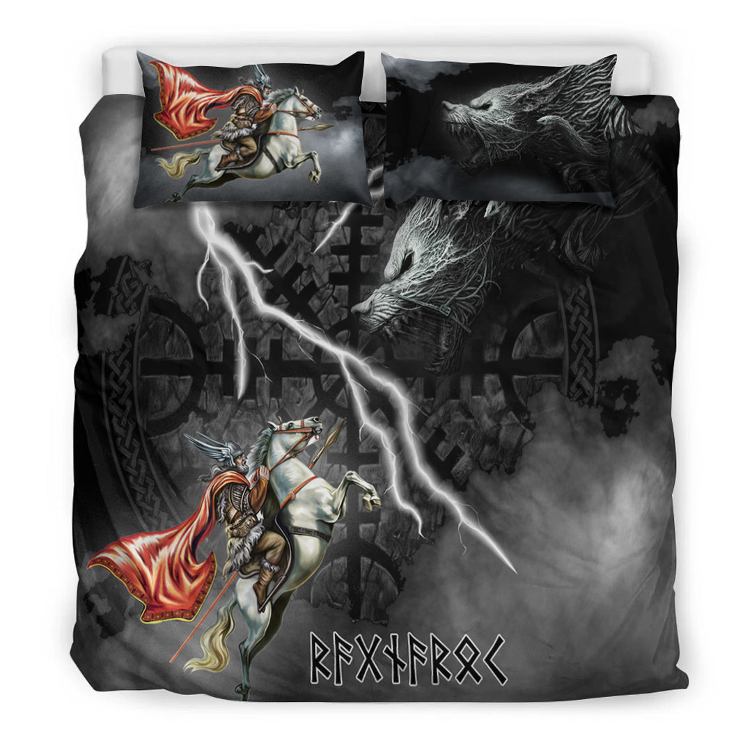 Viking Bedding Set Odin and Fenrir Thunder Background