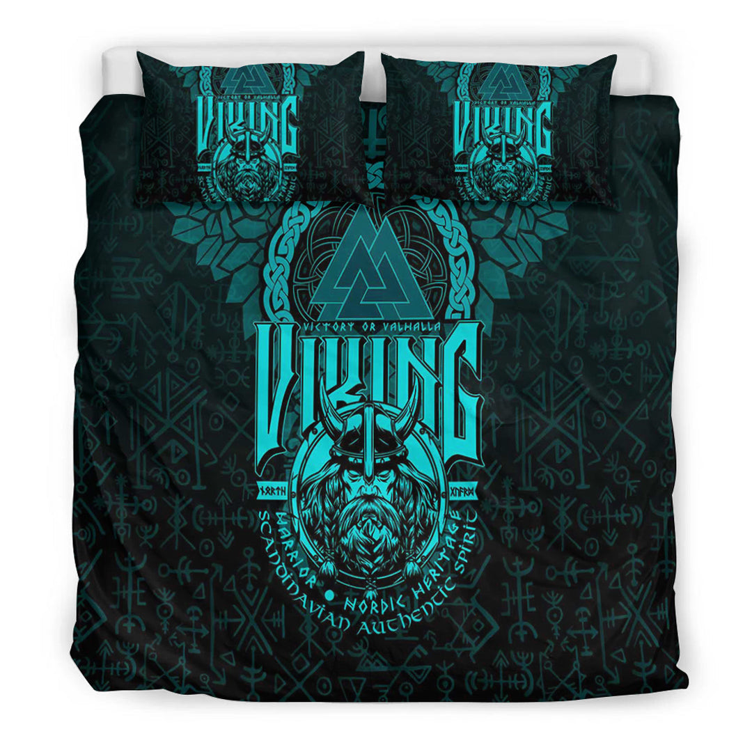 Viking Bedding Set Viking Warriors Valknut Cyan