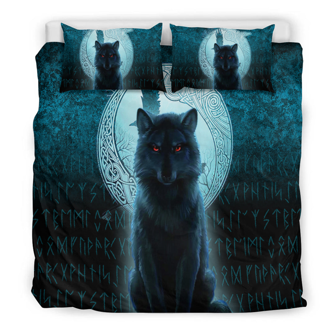 Viking Bedding Set Fenrir Viking Wolf Cyan Version