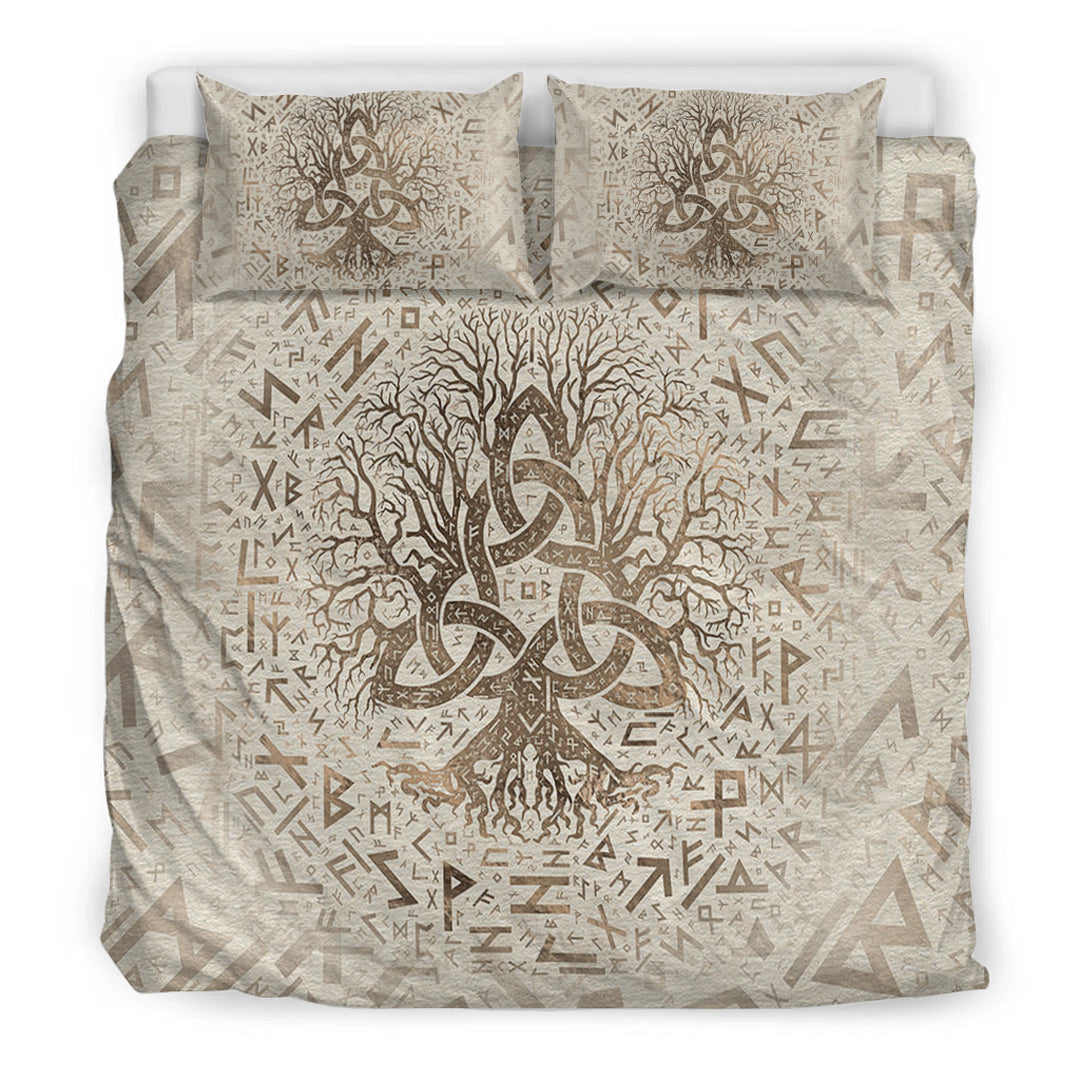 Viking Bedding Set Tree of Life with Triquetra and Futhark Pastel Gold