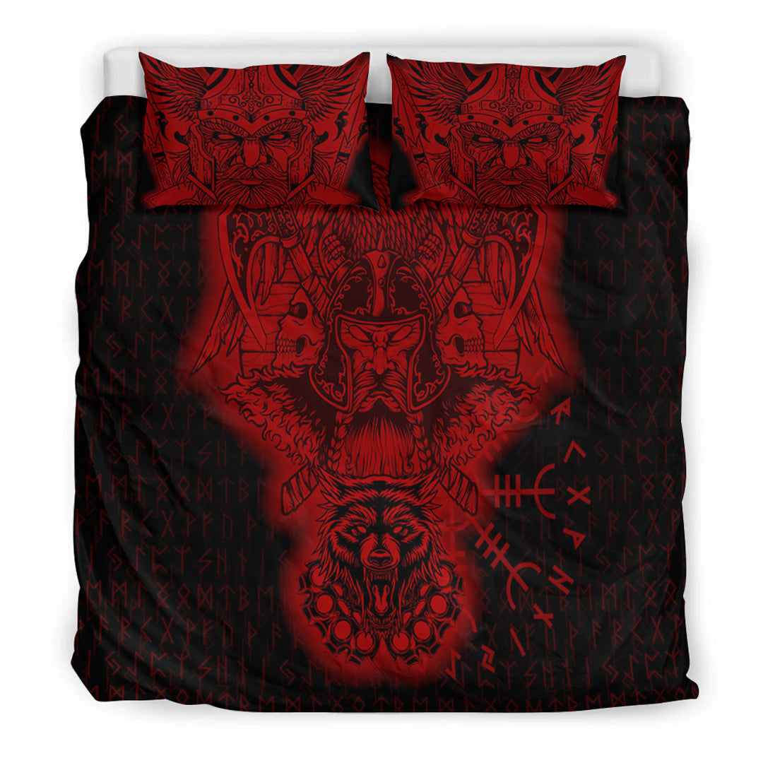 Viking Bedding Set Odin And Raven Wolf Red