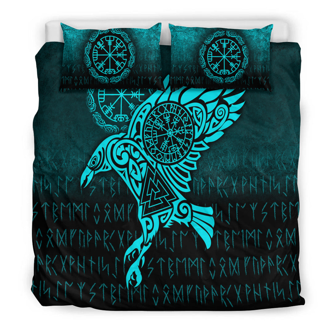 Viking Bedding Set Raven Vegvisir Tattoo Cyan Version