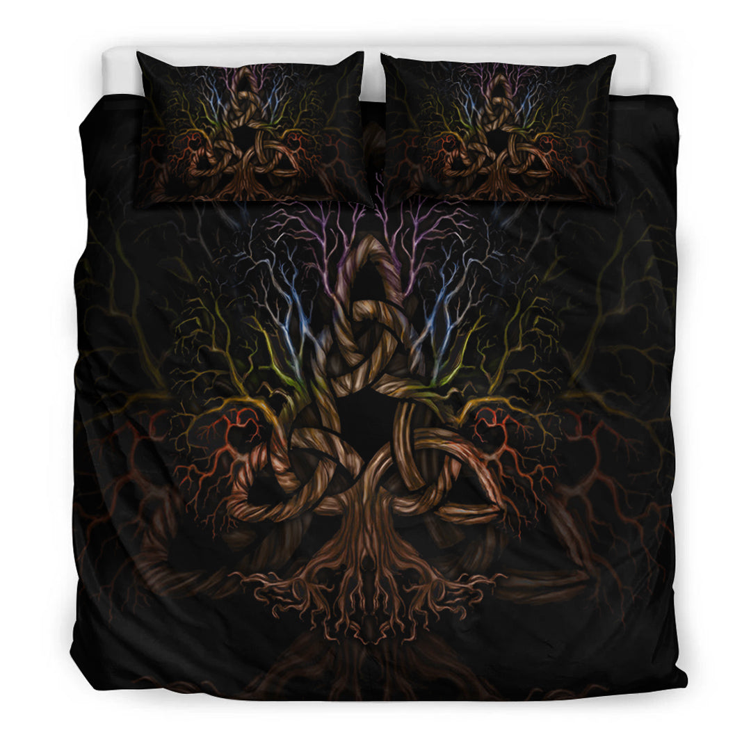 Viking Bedding Set Colorful Tree of Life With Triquetra