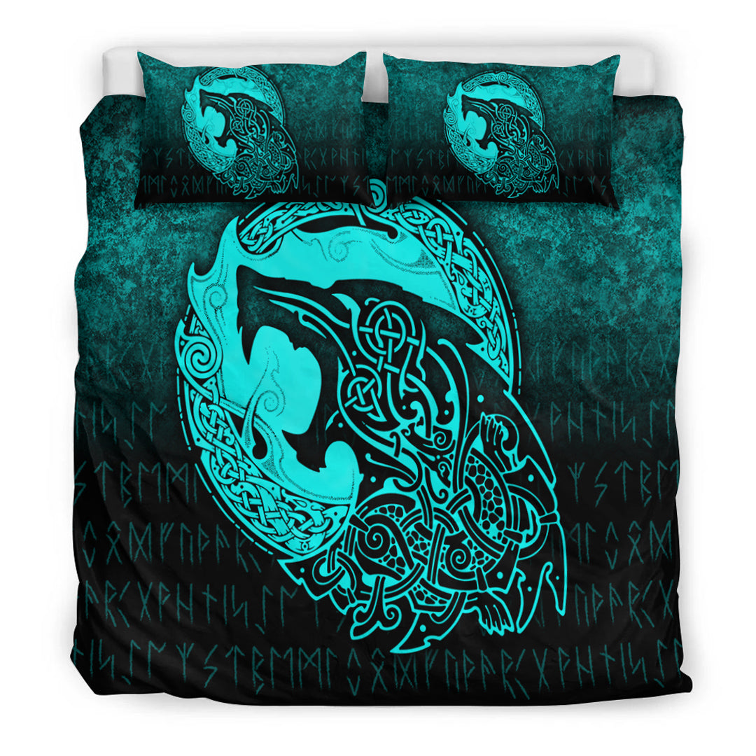 Viking Bedding Set Fenrir Viking 3D Tattoo Cyan Version