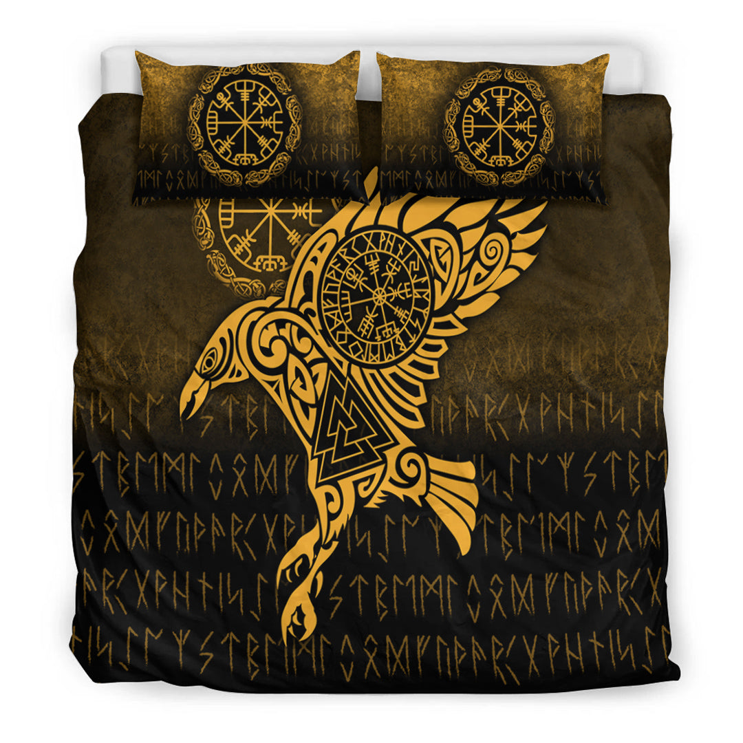 Viking Bedding Set Raven Vegvisir Tattoo Gold Version