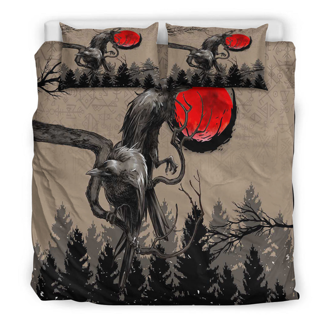 Viking Bedding Set Viking Huginn and Muninn Raven on Tree Branch and Blood Moon