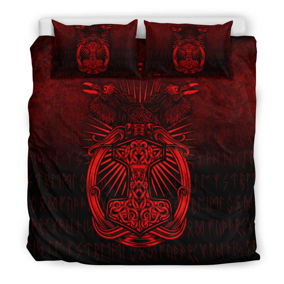 Viking Bedding Set Vikings Ravens Mjolnir Red Version