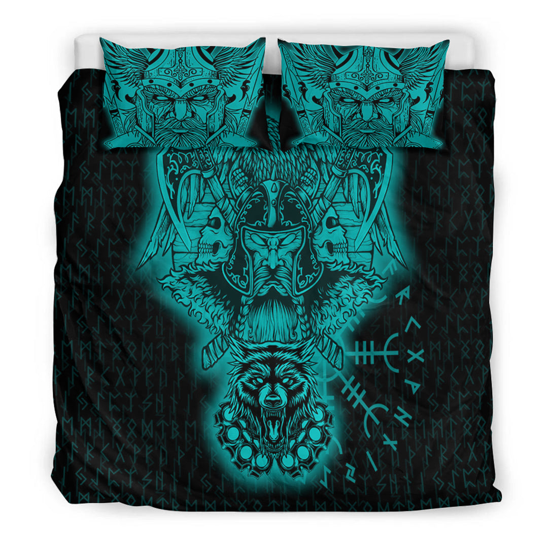 Viking Bedding Set Odin And Raven Wolf Turquoise