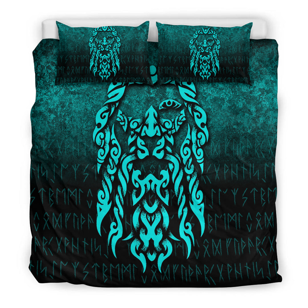 Viking Bedding Set Viking God Odin Allfather In Asgard Raven God Cyan Version