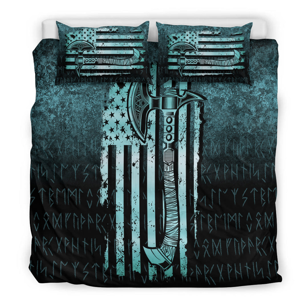 Viking Bedding Set USA Flag Viking Cool American Norsemen Cyan Version