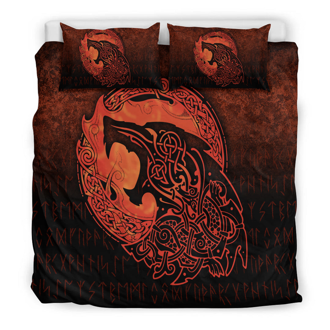 Viking Bedding Set Fenrir Viking 3D Tattoo Orange Version