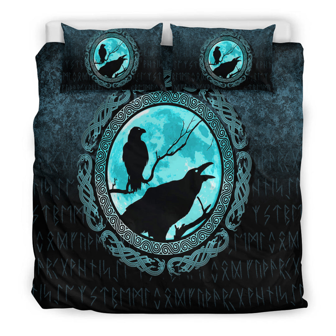 Viking Bedding Set Vikings Huginn Muninn Odin’s Ravens Cyan Version