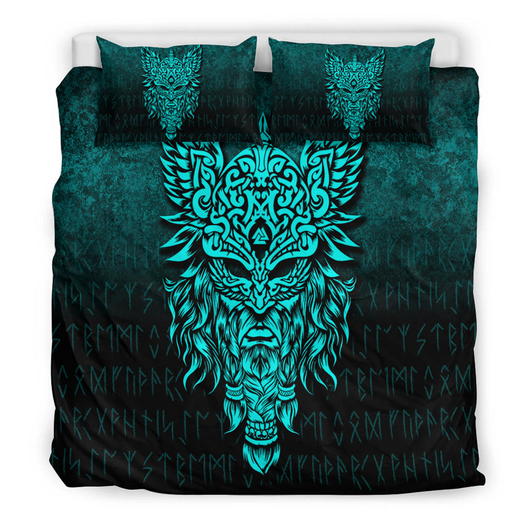 Viking Bedding Set Odin The Allfather Asgard God And Chief Of Aesir Cyan Version