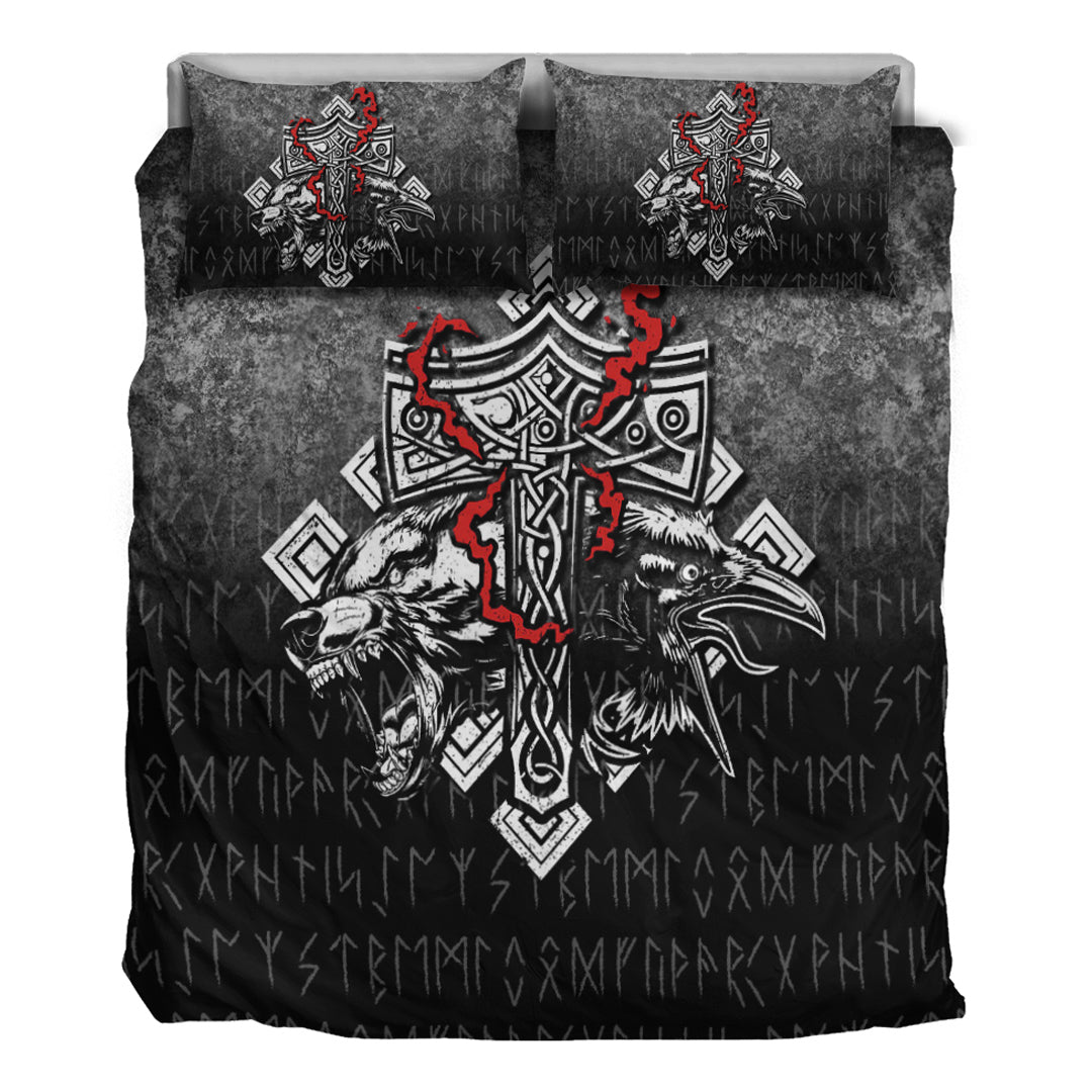 Viking Bedding Set Thor Hammer Mjolnir Rune Protection Odin Raven Style