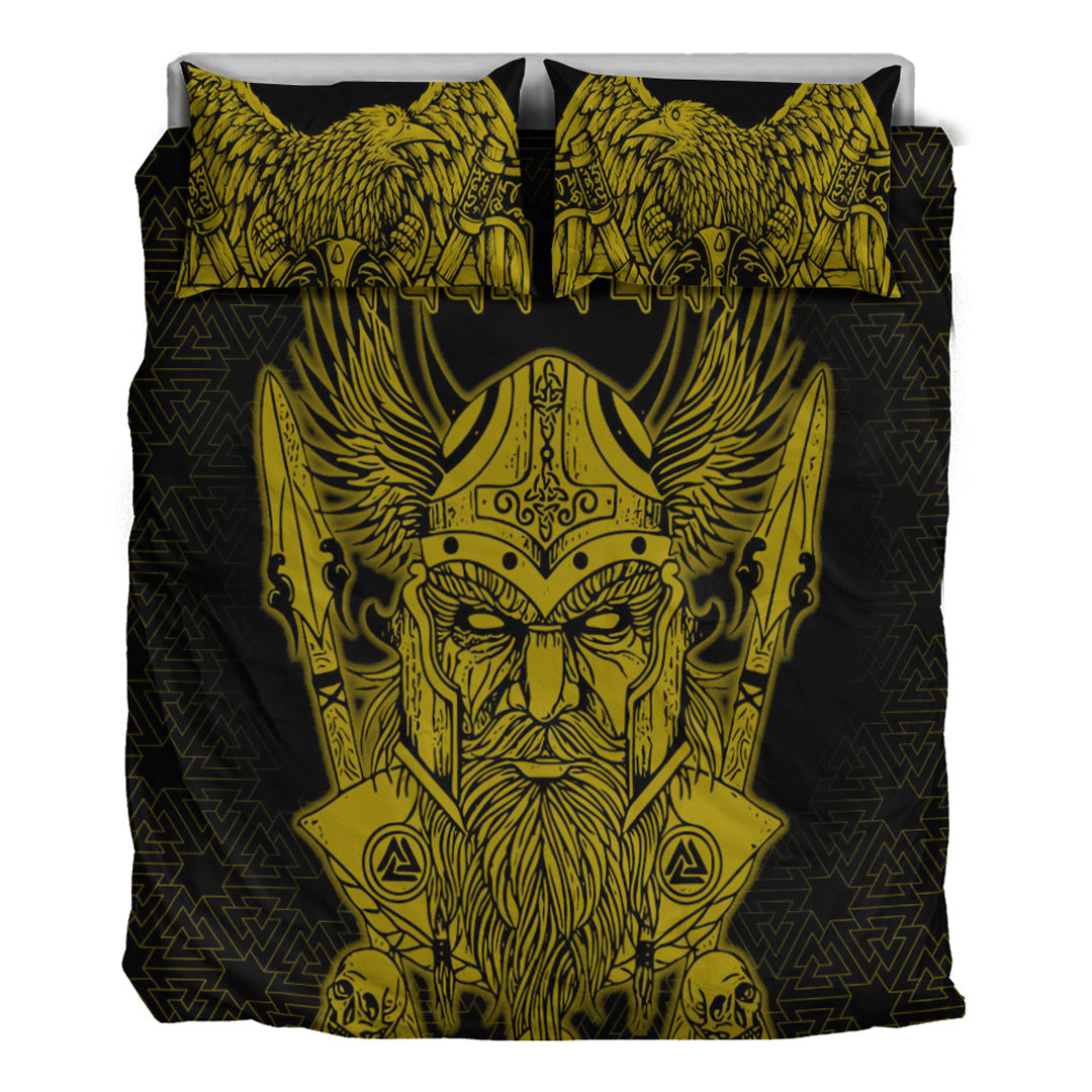 Viking Bedding Set Odin And Raven Gold Text