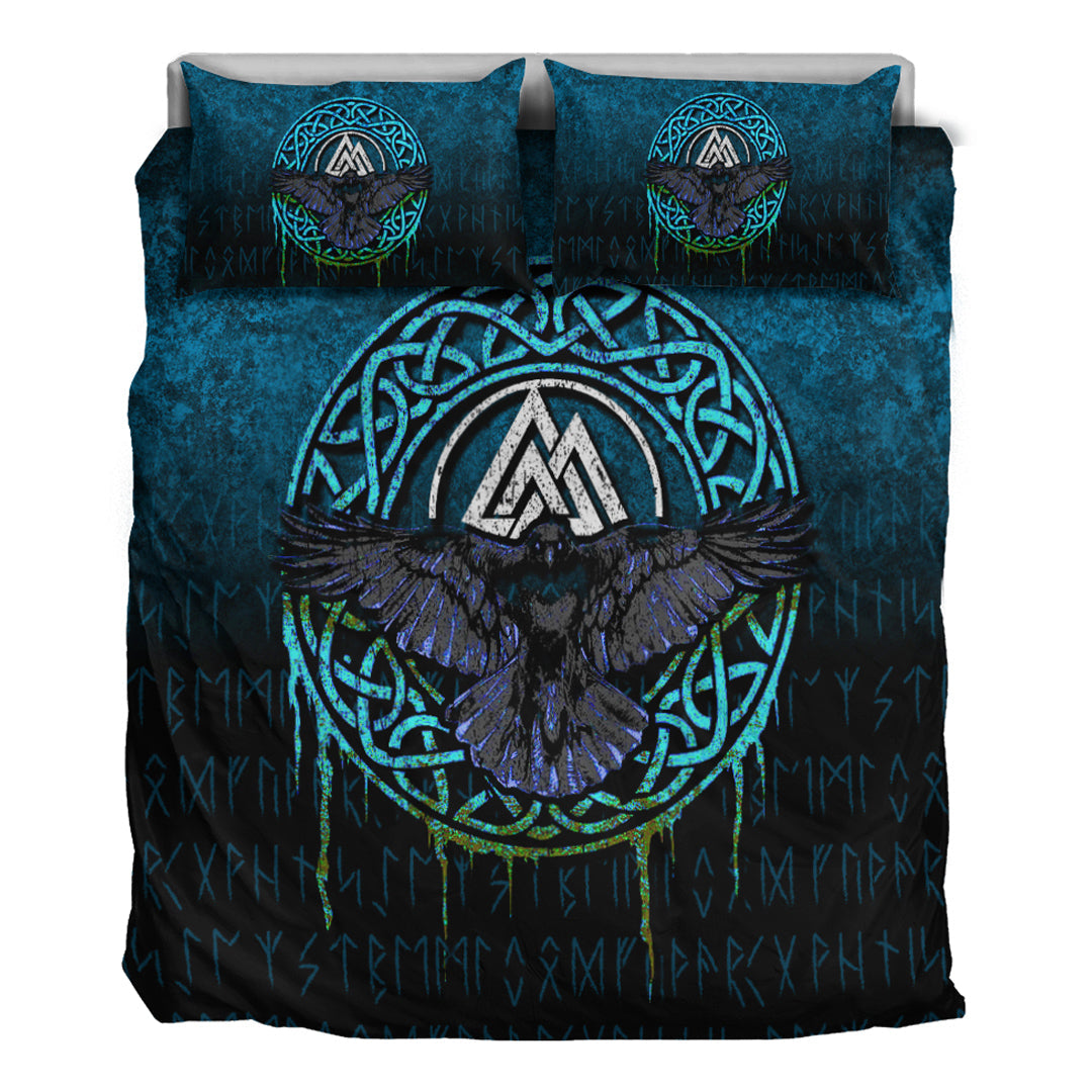 Viking Bedding Set Valhalla Norse Mythology Raven Black Crow Viking Cyan Version